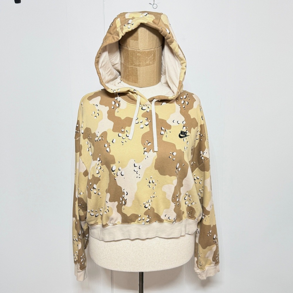 Nike Hoodie Womens XL Tan Club Fleece Cropped Camo Pullover Chocolate Chip